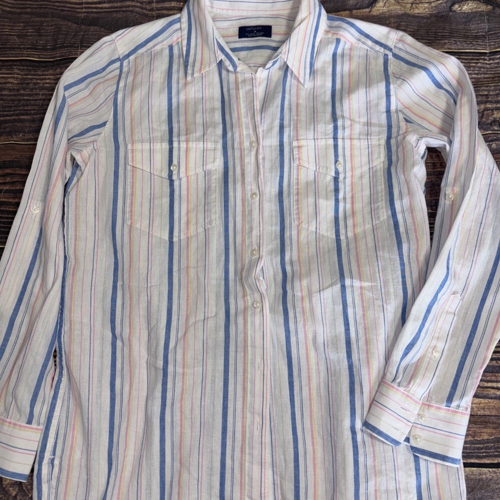 UNTUCKit Liza Shirt Medium White Multi Stripe Linen Cotton Blend Long Sleeve - Picture 3 of 9